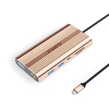 ORICO XDR 12-i-1 USB-C dockingstation med 2x HDMI 4K 60Hz, DisplayPort 4K 60Hz, Gigabit Ethernet, 100W PD, SD/microSD-kortlæser - Roséguld