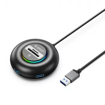 ORICO YXR4 RGB 4-port USB-A 3.0 hub med SD- og microSD-kortlæser, 1,8 m kabel, sort