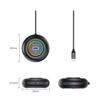 ORICO YXR4-C3 RGB 4-port USB-A 3.0 hub med audio-/mikrofonstik, 1,8 m kabel - sort