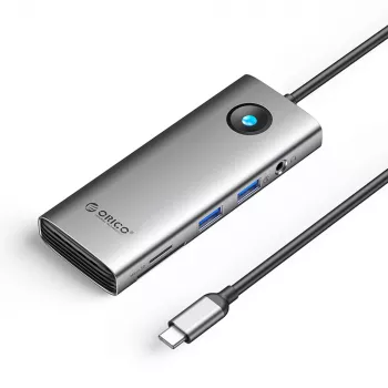 ORICO PW11 USB-C dockingstation 8-i-1, 2x USB-A 3.0, 1x USB-C PD 100W, 1x HDMI 4K 60Hz, 1x microSD/SD, 1x RJ45 Gigabit Ethernet, 1x Audio 3,5mm, grå
