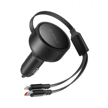 ORICO Dual Stretch 60W USB-C biloplader med to indtrækkelige kabler USB-C + Lightning - sort