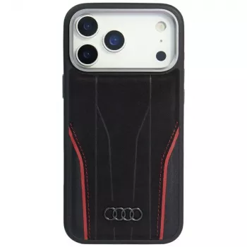 Audi R8 Ægte Læder MagSafe Cover til iPhone 15 Pro sort med Røde Accenter