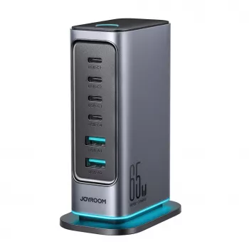 Joyroom JR-TCM02 GaN 65W multi-port oplader 4x USB-C 2x USB-A EU-stik mørkegrå