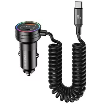 USAMS biloplader 60W 2xUSB-C 1xUSB-A med spiralkabel hurtigopladning PD QC sort CC167CC01