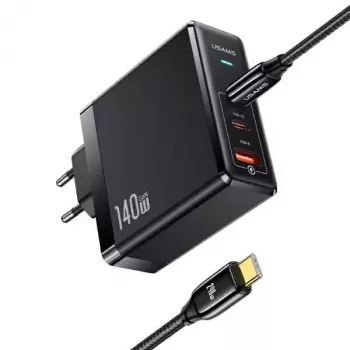 USAMS T52PD140W 140W GaN-strømforsyning med 240W USB-C-kabel, 2xUSB-C + 1xUSB-A, PD-hurtigopladning, sort (US-CC168 + US-SJ581) UM-serie UMXLOGTC01