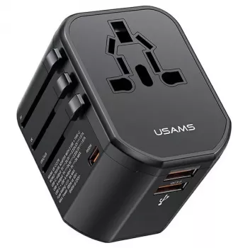 USAMS T59 20W universal-rejselader med 2 USB-A- og 1 USB-C-port, sort, udskiftelige stik US/AU/EU/UK