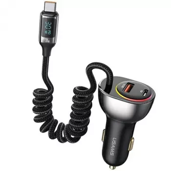 USAMS C37 biloplader 1xUSB-A + 1xUSB-C 60W med USB-C til USB-C-kabel 30W PD+QC hurtigopladning sort CC192CC01 (US-CC192)
