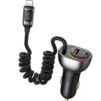USAMS C37 biloplader 60W 1xUSB-A + 1xUSB-C PD+QC hurtigopladning med Lightning-kabel 30W sort CC193CC01 (US-CC193)