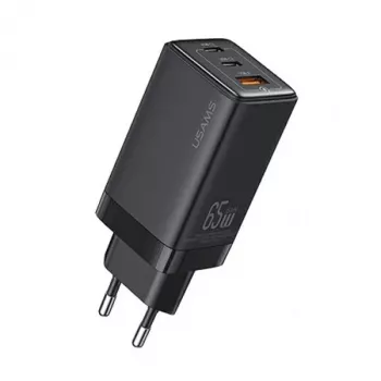 USAMS Sandru Series 65W GaN-væglader 2xUSB-C 1xUSB-A PD3.0 QC3.0 hurtigopladning sort CC180TC01