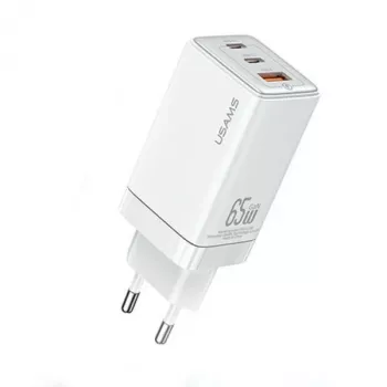 USAMS Sandru Series CC180TC02 GaN 65W USB-C-lader (hvid) - 2xUSB-C + 1xUSB-A, PD3.0 & QC3.0 hurtigopladning, EU-stik