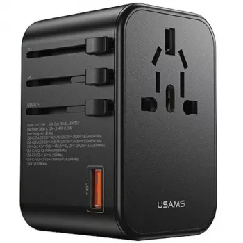 USAMS Universal-rejselader 65W 1xUSB-A + 2xUSB-C T62 med udskiftelige stik US/AU/EU/UK sort CC199TC01 (US-CC199)