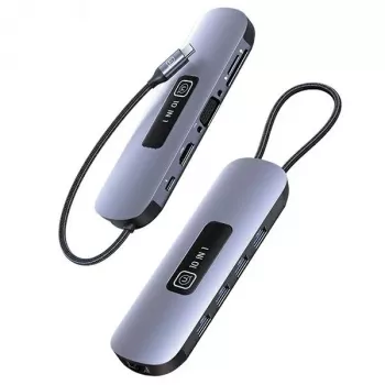 USAMS 10-i-1 USB-C-hub-adapter 3x USB 3.0, SD/TF, HDMI, VGA, RJ45, PD 100W, grå