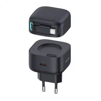 USAMS XMF Series CC202TC01 35W GaN-hurtiglader med indtrækkeligt USB-C-kabel, sort