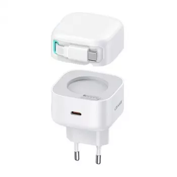 USAMS XMF Series CC202TC02 35W GaN USB-C-netlader med indtrækkeligt USB-C-kabel, PD+QC, hvid
