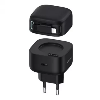 USAMS XMF Series CC209TC01 35W GaN hurtigoplader med indtrækkeligt USB-C til Lightning-kabel, sort