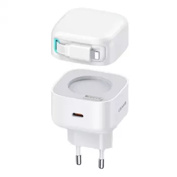 USAMS XMF Series CC209TC02 GaN 35W hurtigoplader med indtrækkeligt Lightning-kabel, hvid