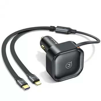 USAMS C41 Biloplader 30W PD Hurtigopladning med Indtrækkelige USB-C & Lightning Kabler sort (US-CC219)