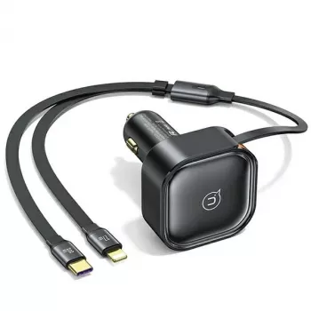 USAMS biloplader med indtrækkeligt kabel 2xUSB-C C41 PD 30W hurtigopladning sort CC220CC01 (US-CC220)