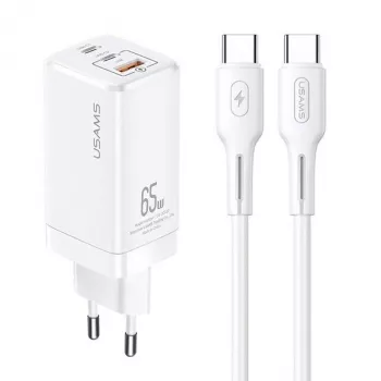 USAMS GaN 65W USB-C oplader MTXLOGTC02 hvid med 100W USB-C-kabel