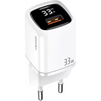 USAMS 33W USB-C + USB-A vægoplader PD3.0 QC3.0 hurtigopladning hvid CC152TC02