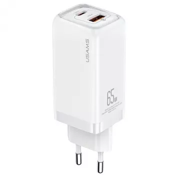 USAMS T47 65W PD hurtigopladning Super Si vægoplader med 1x USB-C og 1x USB-A, hvid (CC153TC02)