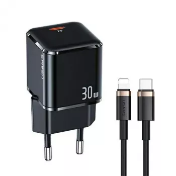 USAMS T45 30W PD3.0 USB-C hurtigoplader med U63 USB-C til Lightning-kabel, sort, UXTZH01