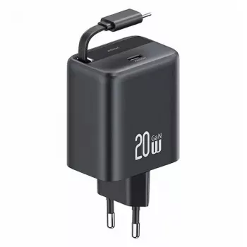 USAMS YC Series GaN 20W USB-C strømforsyning med indtrækkeligt kabel, PD+QC hurtigopladning, sort (US-CC233)