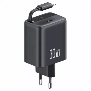 USAMS YC Series CC241TC01 30W GaN USB-C-strømforsyning med indtrækkeligt USB-C-kabel, PD+QC-hurtigopladning, sort