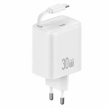 USAMS YC Series CC241TC02 30W GaN USB-C-oplader med indtrækkeligt USB-C-kabel, PD+QC-hurtigopladning, hvid