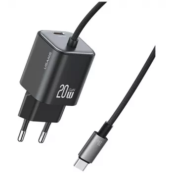 USAMS 20W GaN hurtigoplader med USB-C-kabel, sort