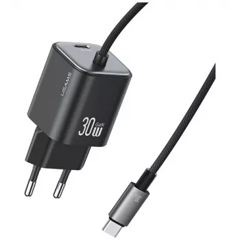 USAMS 30W GaN hurtigoplader med USB-C-kabel (sort, EU-stik)