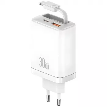 USAMS Xiang Series CC296 30W USB-C/USB-A oplader med USB-C-kabel hvid