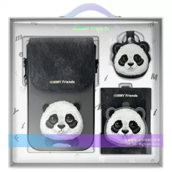 Nimmy 3-i-1 sæt: mobiltaske + tegnebog + tracker-etui, sort, Big Eyed Pet 2.0 Panda