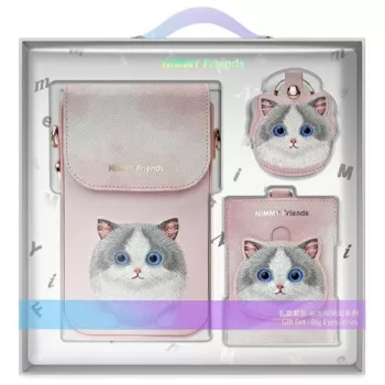 Nimmy 3-i-1 sæt med mobiltaske, tegnebog & trackerholder - pink Big Eyed Pet 2.0 Cat