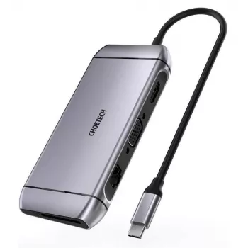 CHOETECH 9-in-1 USB-C Multifunction Hub - 3x USB 3.2 Gen 1, SD/TF Card Reader, HDMI 4K 30Hz, VGA Full HD 60Hz, USB-C PD, RJ45 Gigabit Ethernet, Gray (HUB-M15)