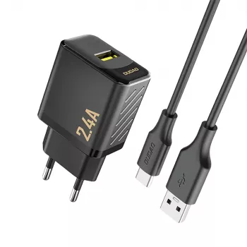 Dudao A23TEU 12W USB-A-netlader med 1 m USB-A til USB-C-kabel, sort