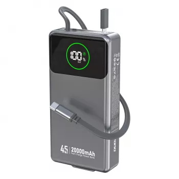 Powerbank Dudao K31 Pro 45W 20000mAh med integreret udtrækkeligt USB-C-kabel - grå