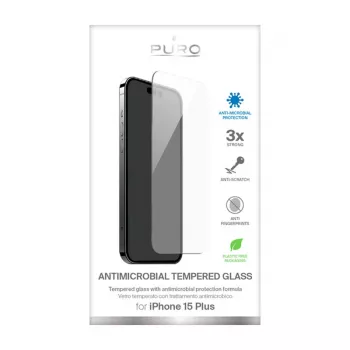 PURO antibakteriel skærmbeskyttelsesfolie af hærdet glas til Apple iPhone 15 Plus