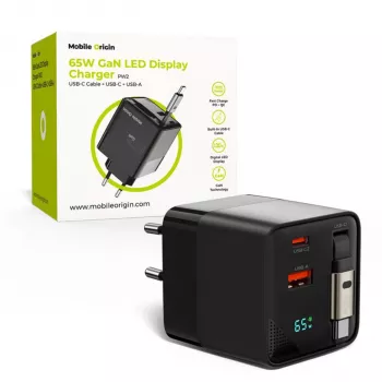 Mobile Origin 65W GaN oplader USB-C udtrækkeligt kabel + USB-A 75 cm