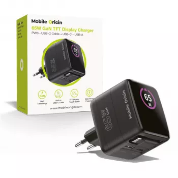 Mobile Origin 65W GaN oplader PW3 USB-C udtrækkeligt kabel 65 cm + USB-A sort
