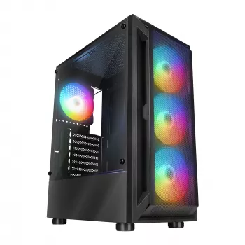 Rampage SHIVA mid tower-PC-kabinet med sidepanel af hærdet glas og 4x 120 mm Rainbow RGB-blæsere, sort