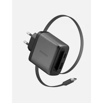 ENERGEA Ampcharge Arc 65W GaN USB-A/USB-C væglader med indbygget USB-C-kabel, gunmetal