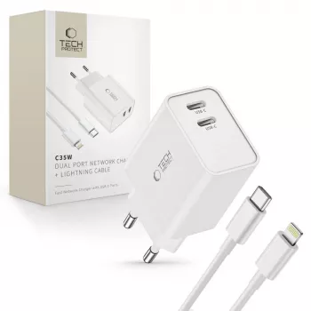 TECH-PROTECT C35W 2-port netværksoplader PD 35W + Lightning-kabel hvid