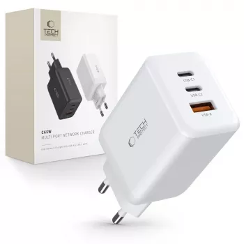 TECH-PROTECT C65W 3-port netværkslader PD 65W / QC3.0 hvid