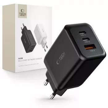 TECH-PROTECT C65W 3-port netværkslader PD 65W / QC3.0 sort