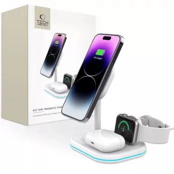 TECH-PROTECT QI15W-A27 3IN1 magnetisk MagSafe trådløs lader hvid