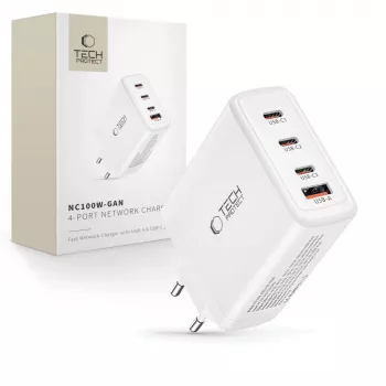 Tech-Protect NC100W-GAN 4-port hvid GaN-væglader 100W USB-C USB-A