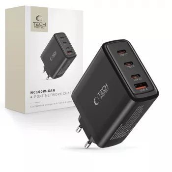 Tech-Protect NC100W-GAN 4-port sort GaN-væglader 100W USB-C