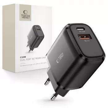TECH-PROTECT C20W 2-port Netværkslader PD20W/QC3.0 sort