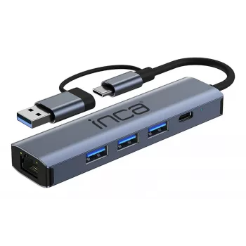 INCA Hub IUTP-5T USB-C/A til 3x USB-A 3.0 / RJ45 5 Gbit/s grå